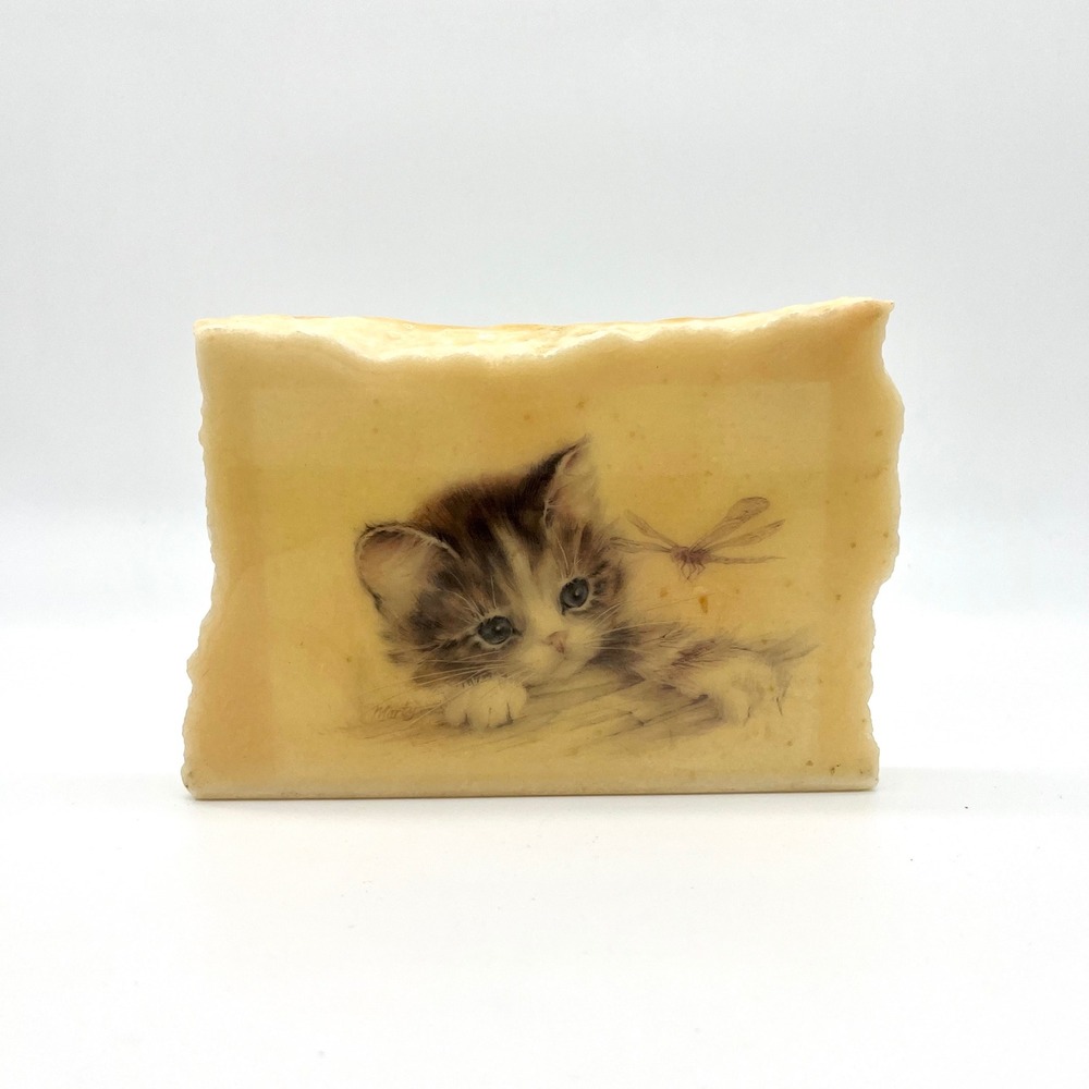Vintage Kitten Dragonfly Stone‎ Block Paperweight Desk Decor Cute Cat Art